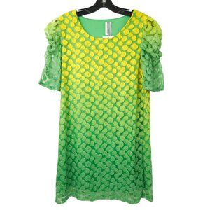 Famosa Ruched Sleeve Lined Shift Mini Dress Womens L Yellow Green USA Made NEW